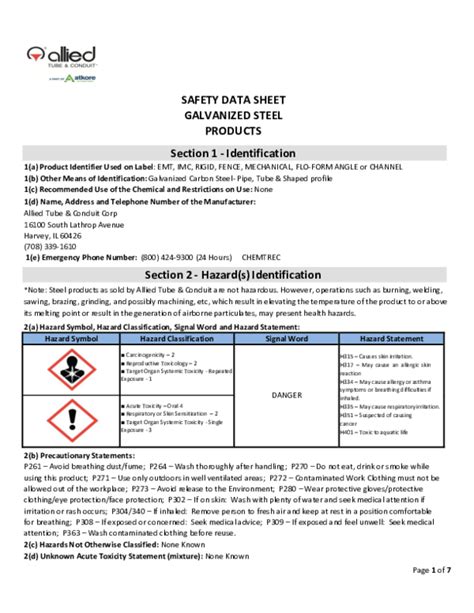 galvanized steel safety data sheet